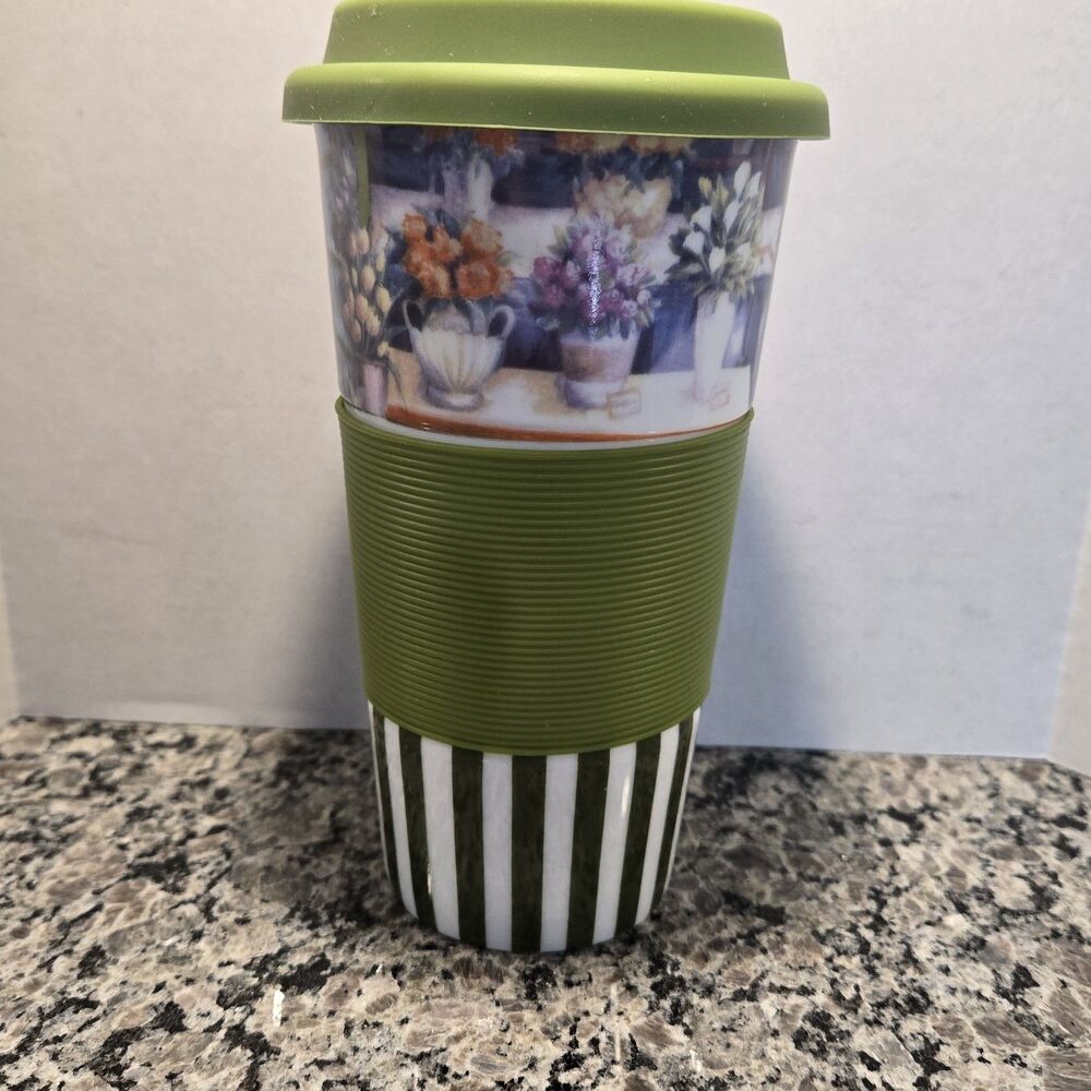 Century Ceramic Travel Mug~Cup~flowers~Silicone Lid~Gripper~EXC!
